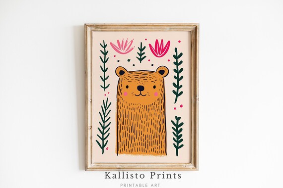 Cute Smiling Bear Folk Art Flowers Pink Nursery Kids Room Wall Art