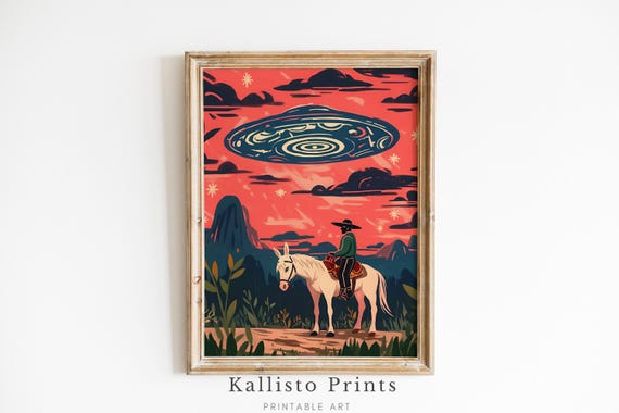 Cowboy And Ufo Art Print Western Surreal Landscape Scifi Desert Scene Unique Wall Decor934