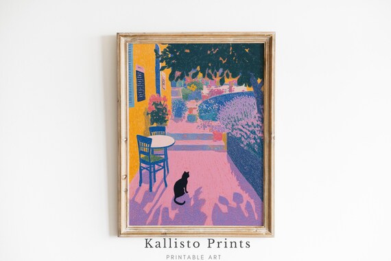 French Cafe Black Cat Pink Terrace Lavender Whimsical Art Poster