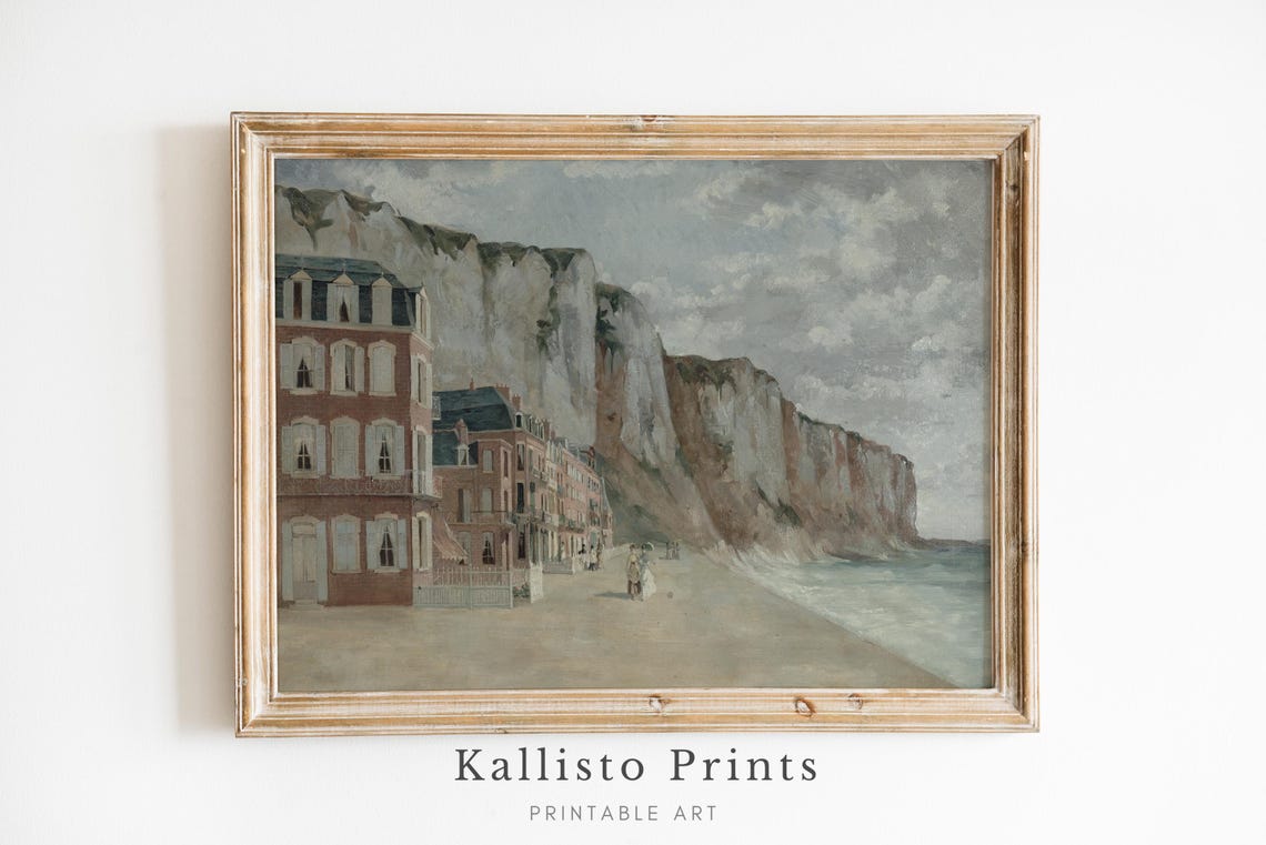 French Coastal Town Painting Chalk Cliffs Vintage Seaside Scene Poster