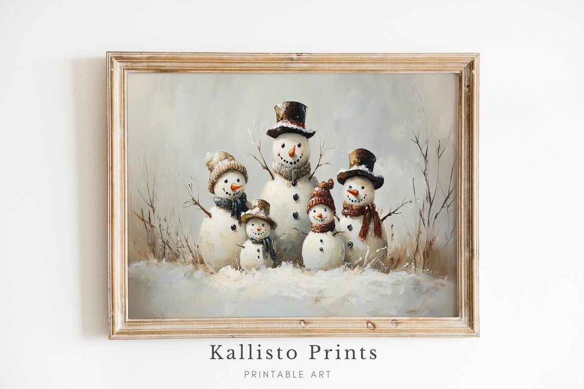 Happy Snowman Family Cozy Winter Scene Christmas Painting Poster