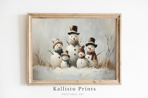 Happy Snowman Family Cozy Winter Scene Christmas Painting Poster