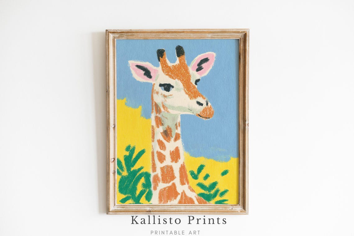 Cute Giraffe Portrait Safari Animal Blue Sky Yellow Field Wall Art