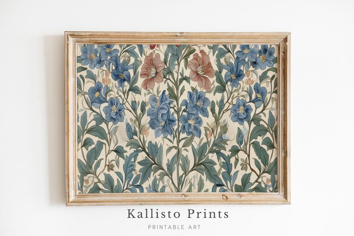 Antique Vintage Blue Red Floral Botanical Pattern Decor Print