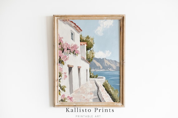 White Coastal House Pink Flowers Sea And Mountains View Wall Art