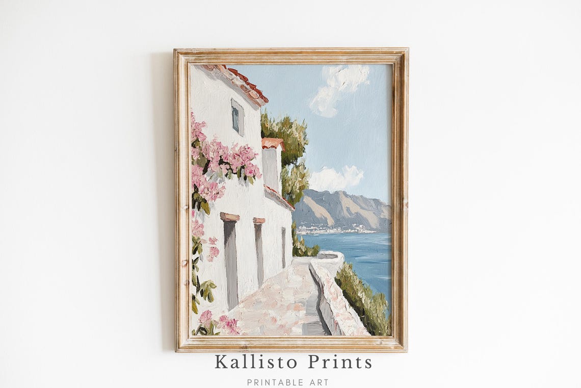 White Coastal House Pink Flowers Sea And Mountains View Wall Art