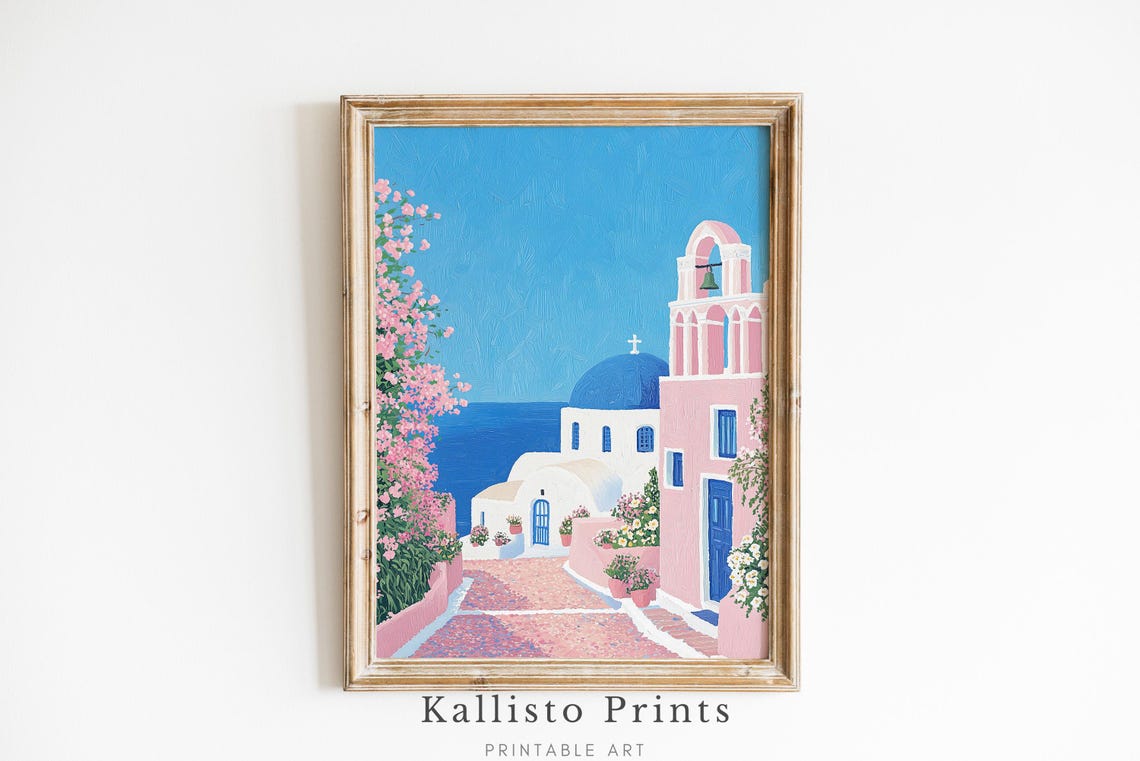 Santorini Greece Pink Bougainvillea Blue Dome Church Art Poster