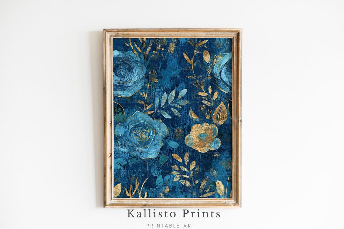 Deep Blue Roses Gold Leaf Luxe Floral Elegant Botanical Poster