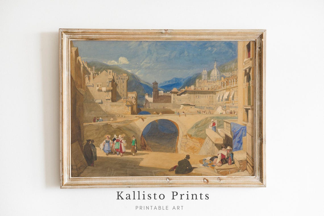 Vintage European Mountain City With Arched Bridge And Domes Poster