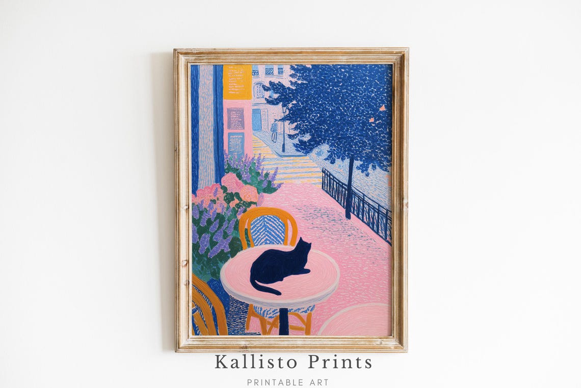 Parisian Cafe Cat Sleeping On Table Pink Street Whimsical Poster