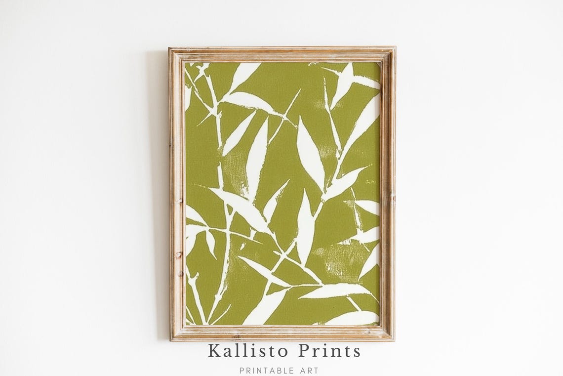 Abstract Green Leaf Art Poster Minimalist White Botanical Earthy Decor