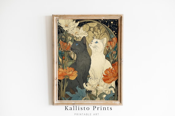Mystical Cat Art Nouveau Black White Cats Celestial Floral Poster