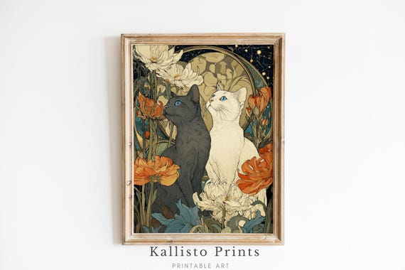 Mystical Cat Art Nouveau Print Celestial Floral Wall Decor Black And White Cats Under Stars Boho Moon Magic Illustration For 1228