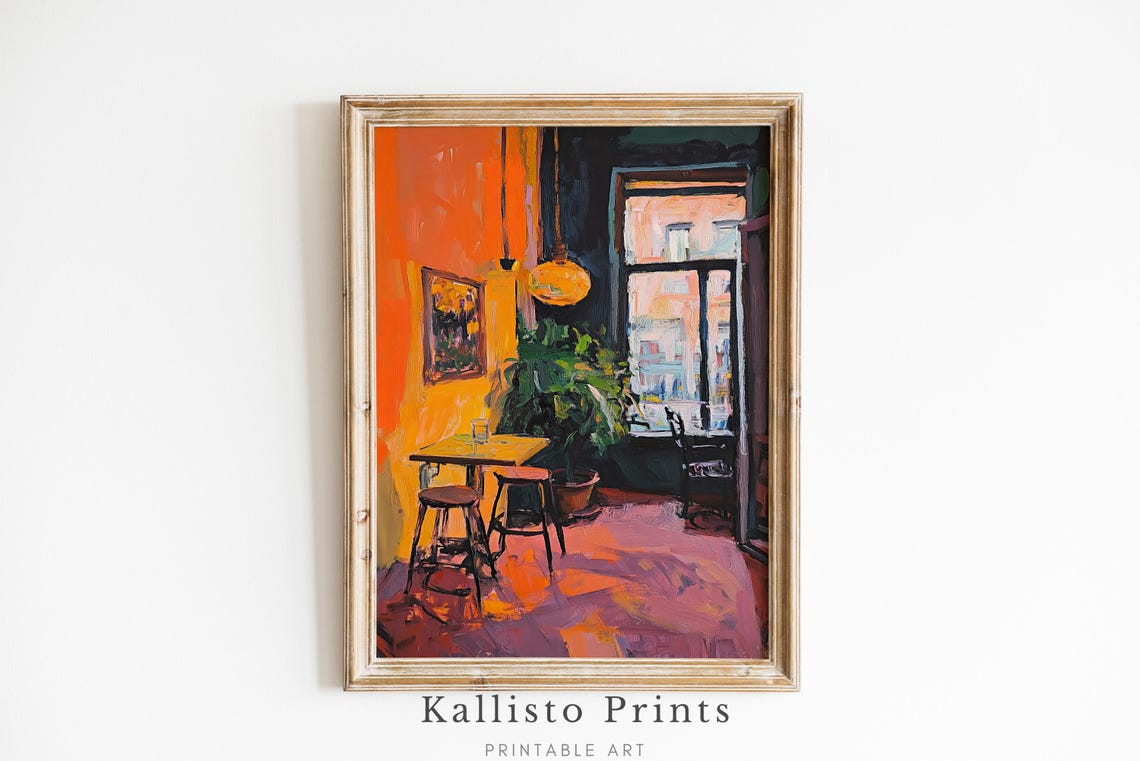 Warm Cafe Corner Oil Painting Poster Cozy Interior Scene Vibrant Art