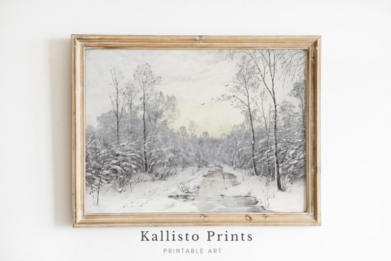 Serene Winter Forest Landscape Art Minimalist Snowy Scene Wall Decor Peaceful Holiday Vintage Black And White Art272