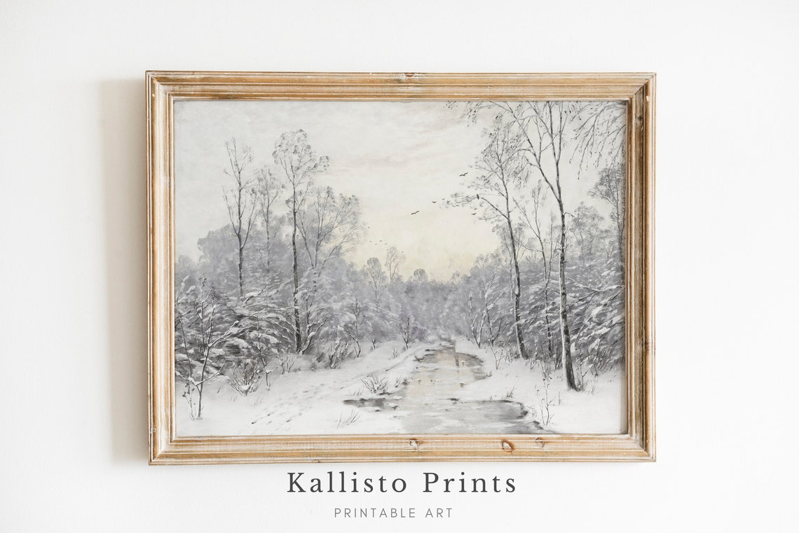 Black and White Snowy Forest Stream Vintage Winter Painting Poster