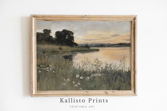Sunset By The Riverside Print Peaceful Wall Art Rustic Farmhouse Decor Download821