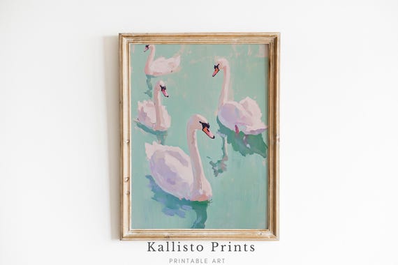 Elegant Swans On Mint Water Art Minimalist Animal Illustration Serene Waterfowl Decor Calming Nature Print475