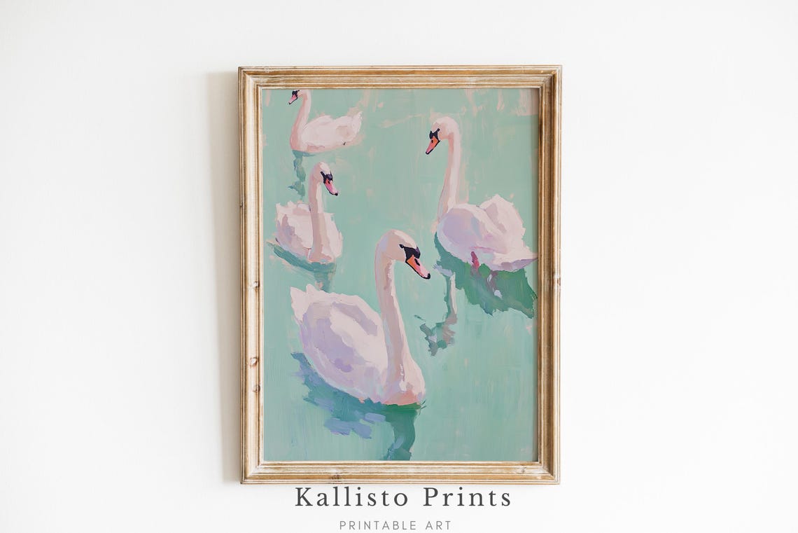 White Swans On Mint Green Water Modern Minimal Painting Poster