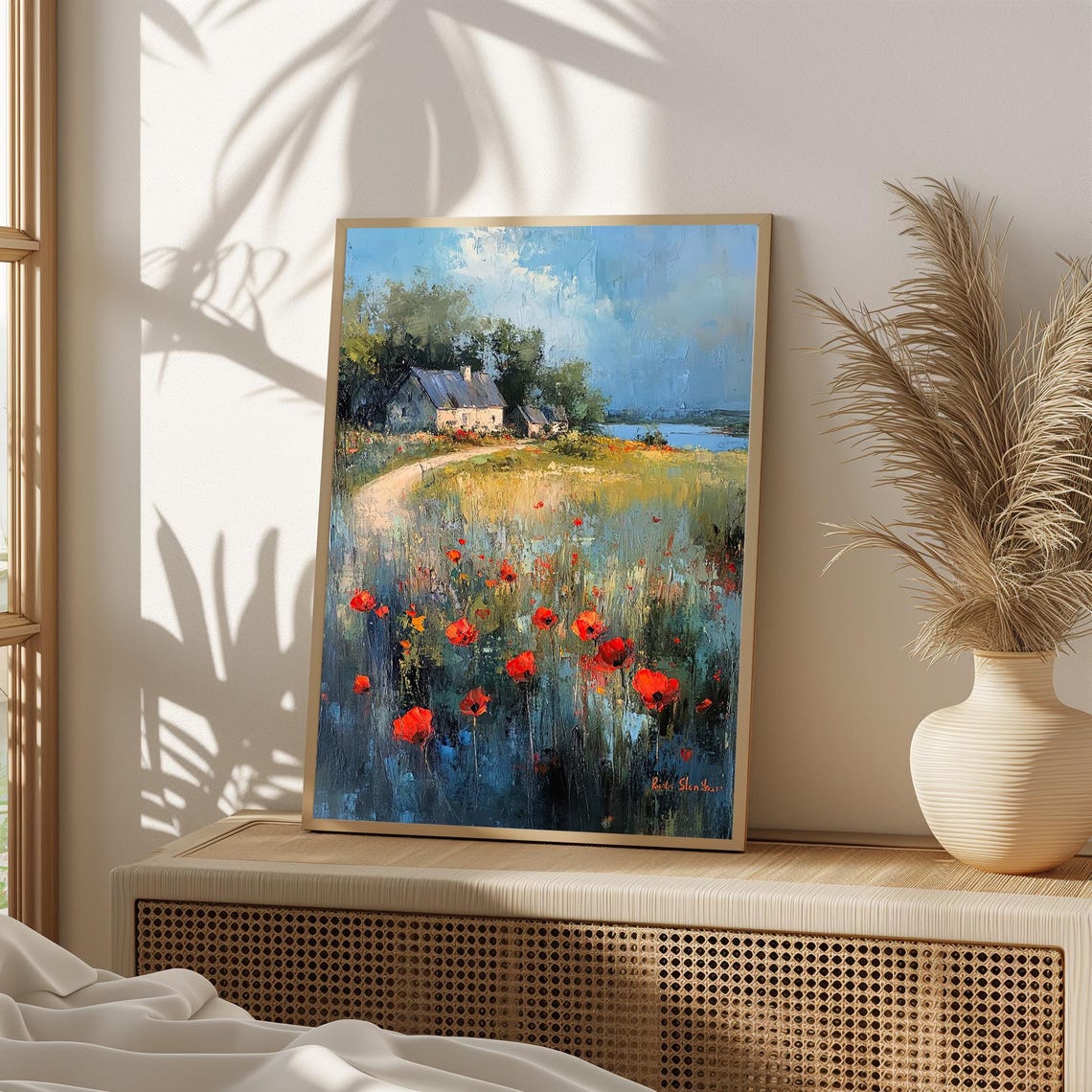 Country Cottage Poppy Meadow Lake Path Signed Oil Art Poster