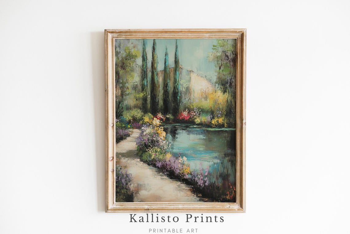 Impressionist Garden Pond Cypress Trees Floral Villa Landscape Poster