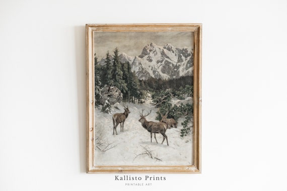 Winter Mountain Deer Art Print Rustic Wildlife Snow Scene Majestic In Forest Landscape Natureinspired Wall Art246