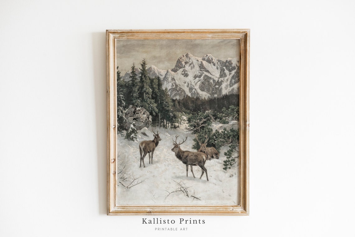 Winter Mountain Deer Art Print Rustic Wildlife Snow Scene Majestic In Forest Landscape Natureinspired Wall Art246