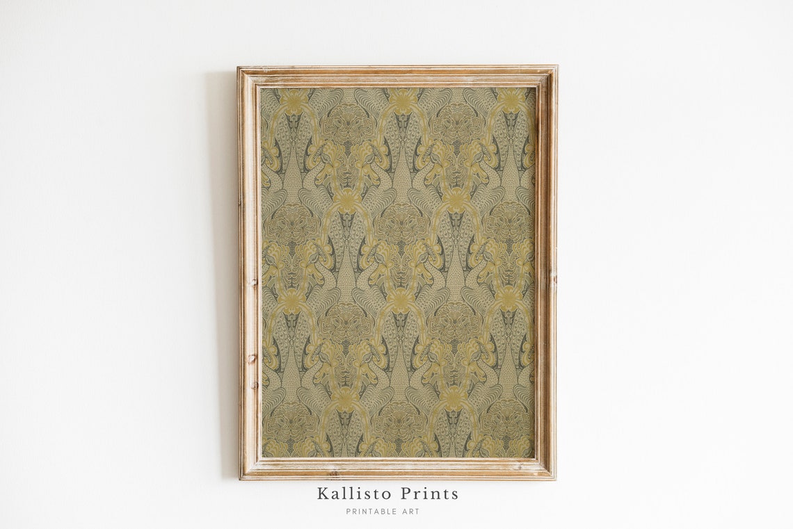 Art Nouveau Botanical Pattern Vintage Green And Gold Damask Poster