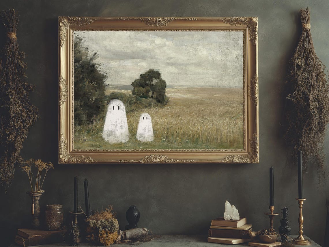Whimsical Ghosts Rustic Field Vintage Oil Spooky Fall Halloween Poster