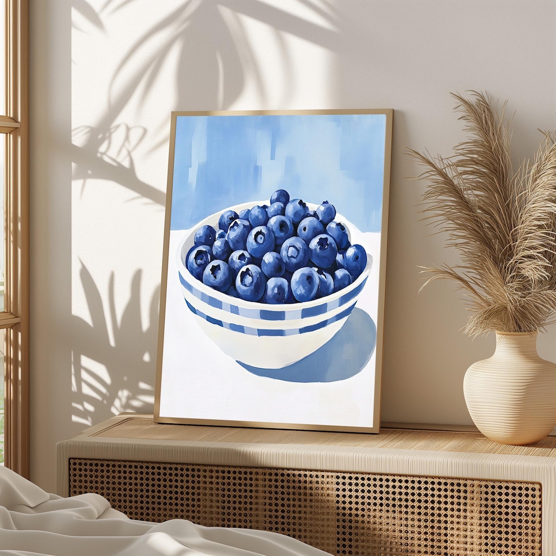 Blueberry Bowl Still Life Striped Ceramic Bowl Blue Background Kitchen Poster