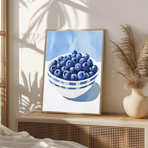 Blueberry Bowl Still Life Striped Ceramic Bowl Blue Background Kitchen Poster