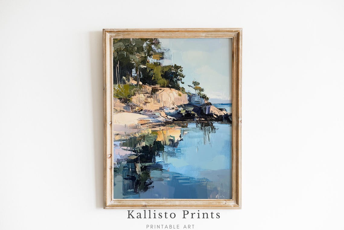 Rocky Coastal Cove Impressionist Cliffs Calm Blue Water Poster