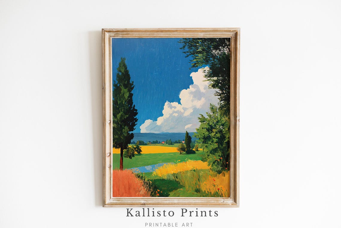 Modern Countryside Anime Landscape Golden Wheat Field Blue Sky Print