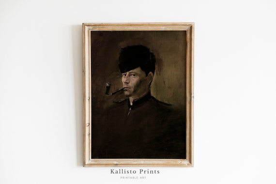 Portrait Wallart Mysterious Man With Pipe Dark Academia Art Vintage Male Gothic Wall Decor Moody Ast42