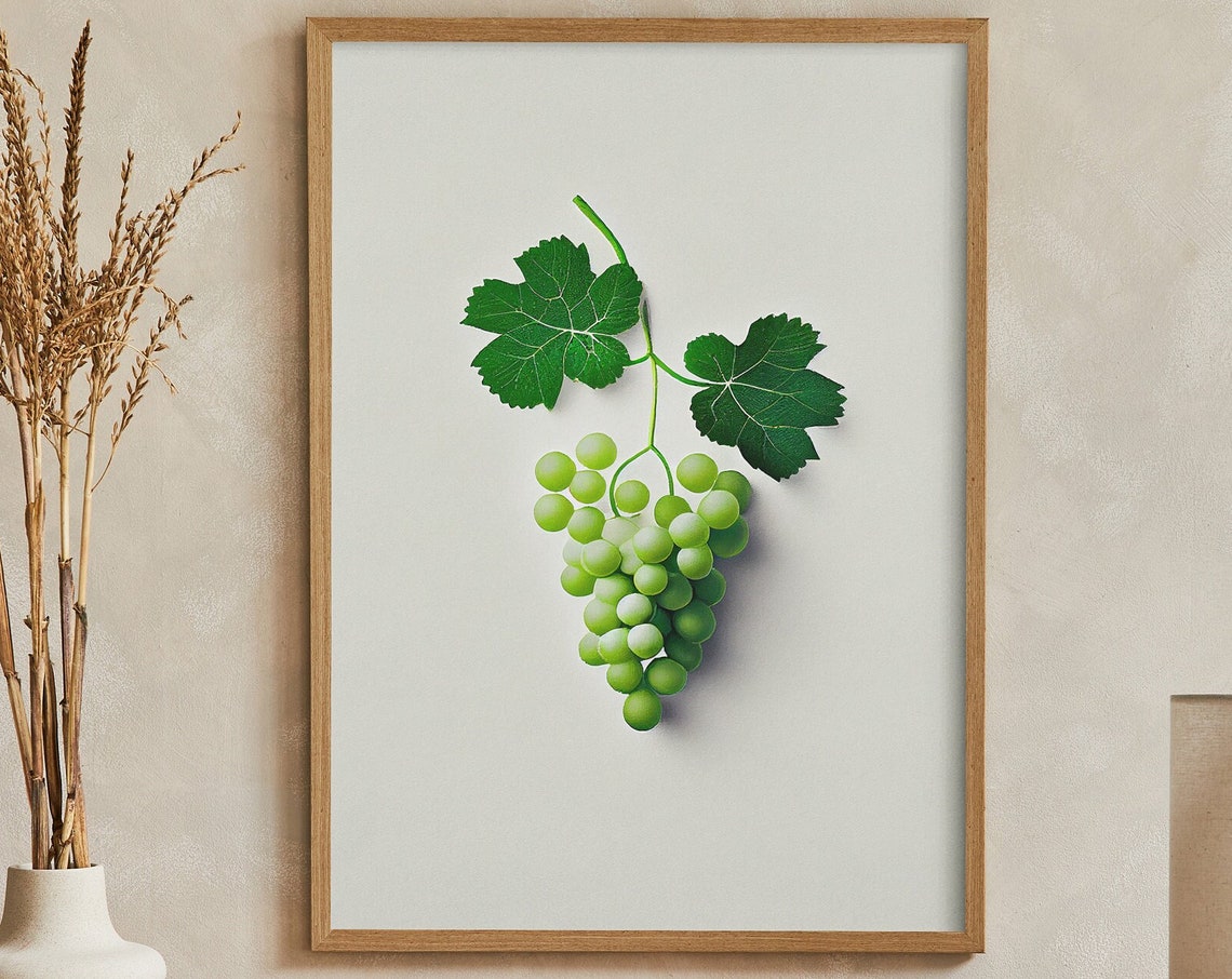 Minimalist Green Grapes with Vine Leaves on White Art Poster