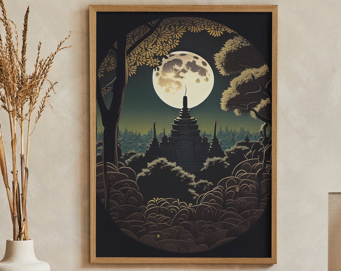 Borobudur Stupa and Giant Golden Moon Art Deco Jungle Poster