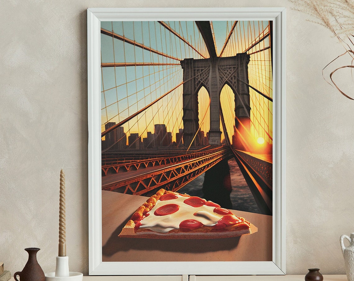 Sunset Pizza Slice on Brooklyn Bridge Walkway Evening Poster