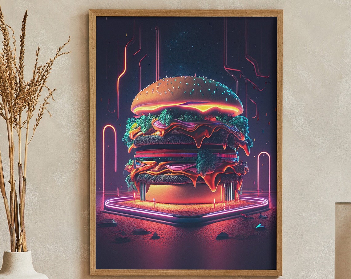 Futuristic Neon Cyberpunk Burger Digital Art Dark Background Poster