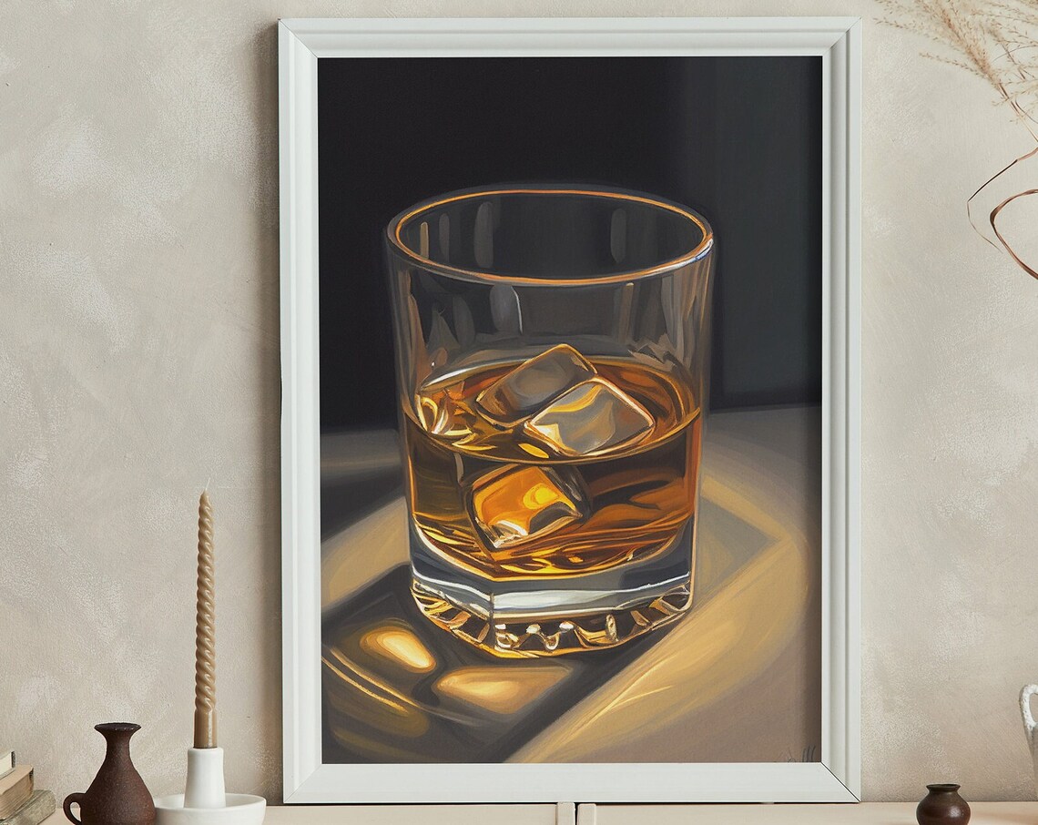 Whisky Glass On The Rocks Golden Light Bar Home Decor Poster