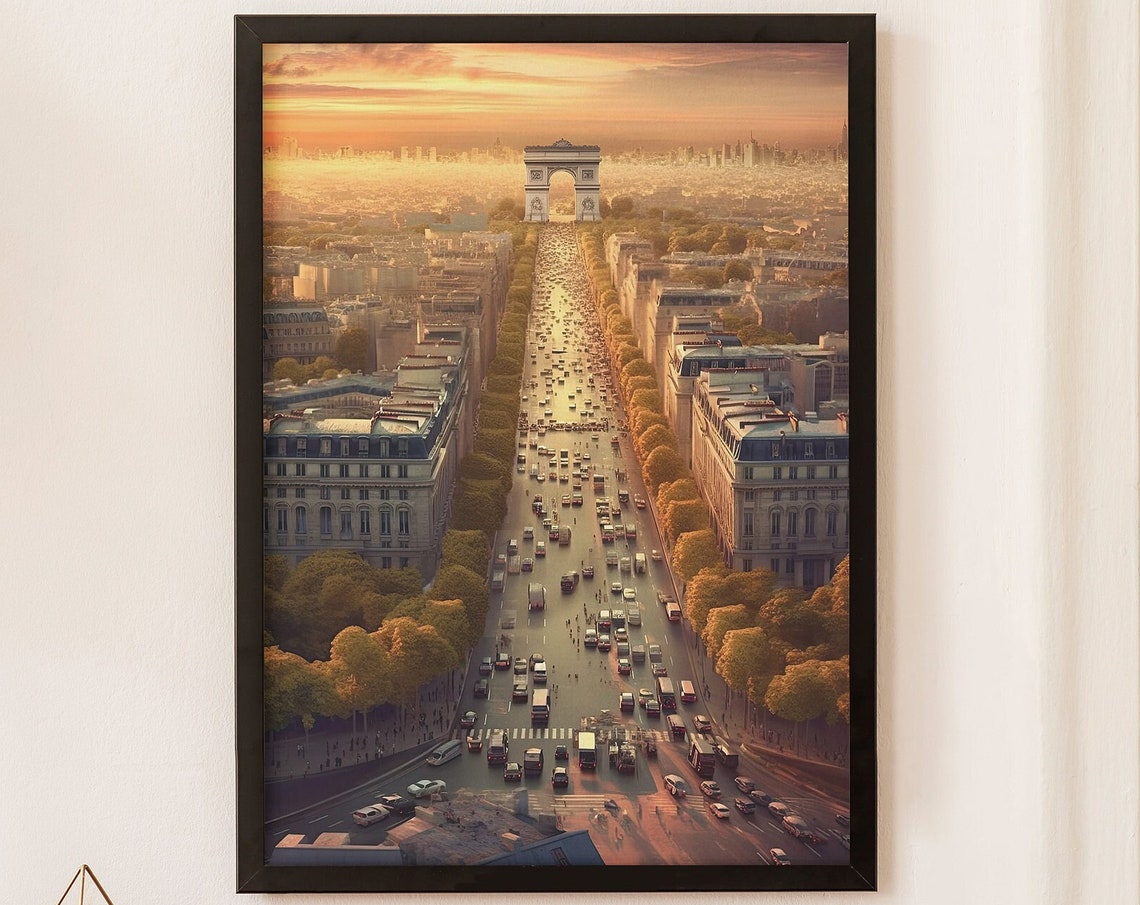 Paris France Champs Elysees Arc de Triomphe Golden Sunset Poster