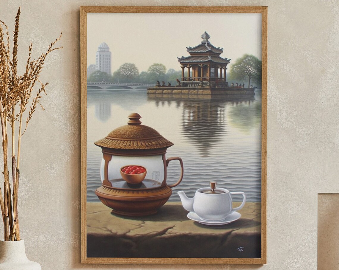Hanoi Hoan Kiem Lake With Vietnamese Tea Set Travel Art Poster