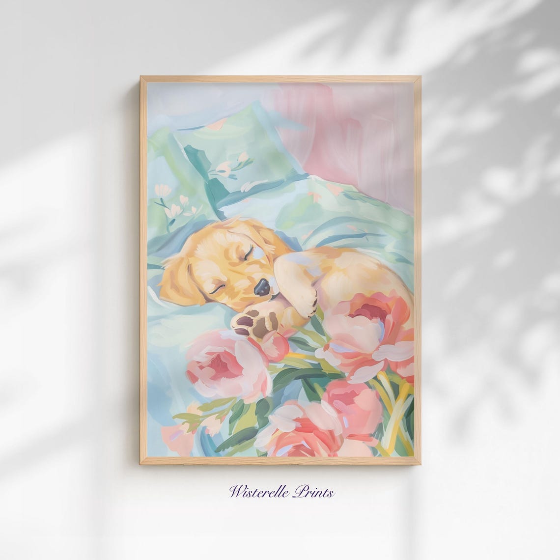 Sleeping Golden Retriever Puppy with Pink Peonies Pastel Art Poster