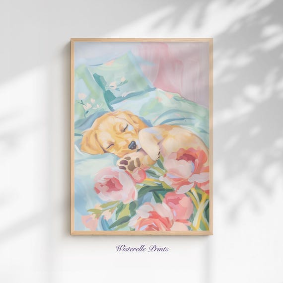 Sleeping Golden Retriever Puppy Pastel Garden Artwork Nursery Print Pet Lover Gift Dorm Decor Birthday