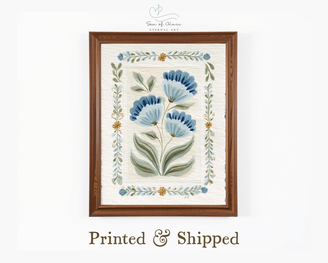 Blue and White Folk Blossoms Vine Border Botanical Art Poster