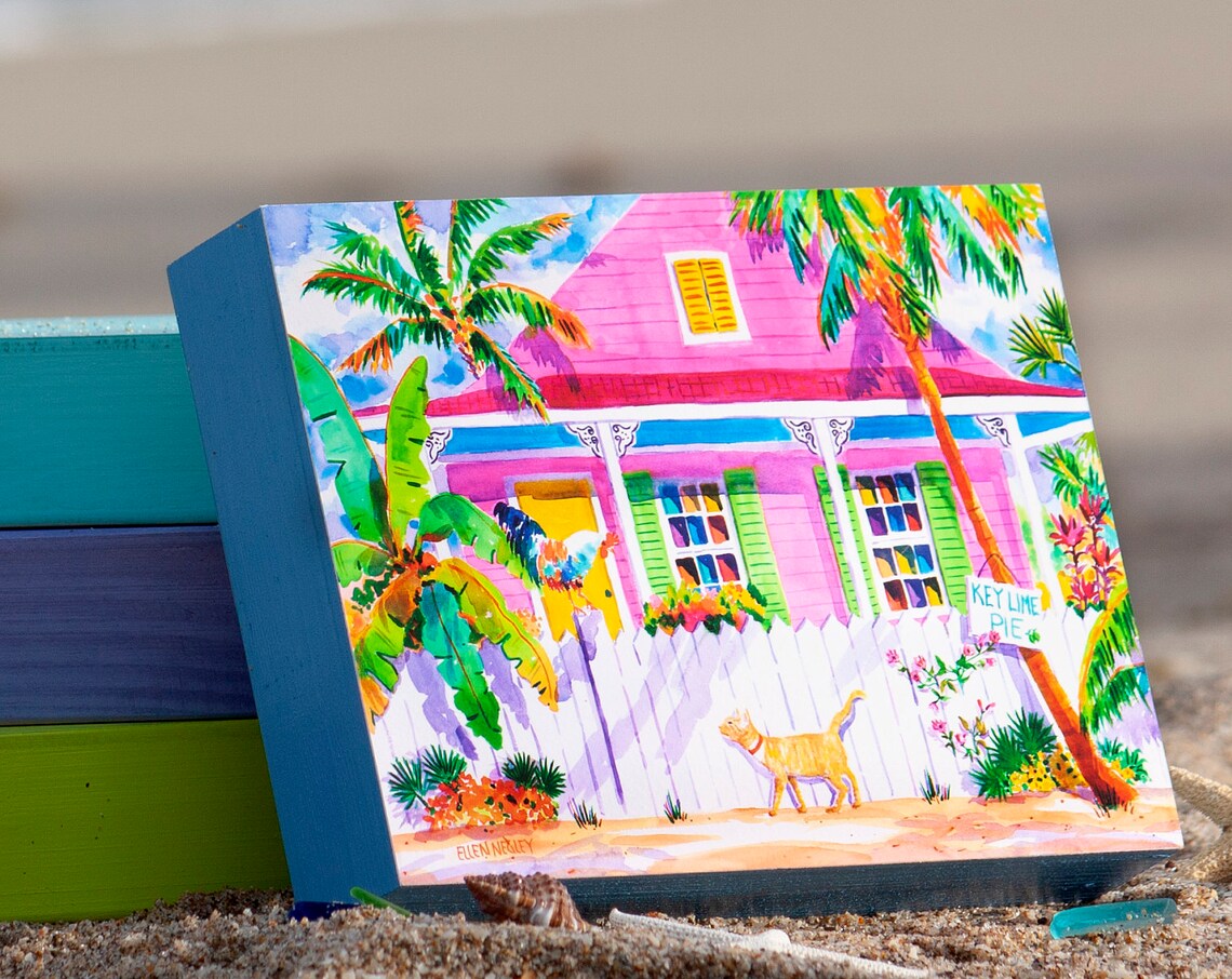 Key West Rooster and Flamingo Watercolor Art Print