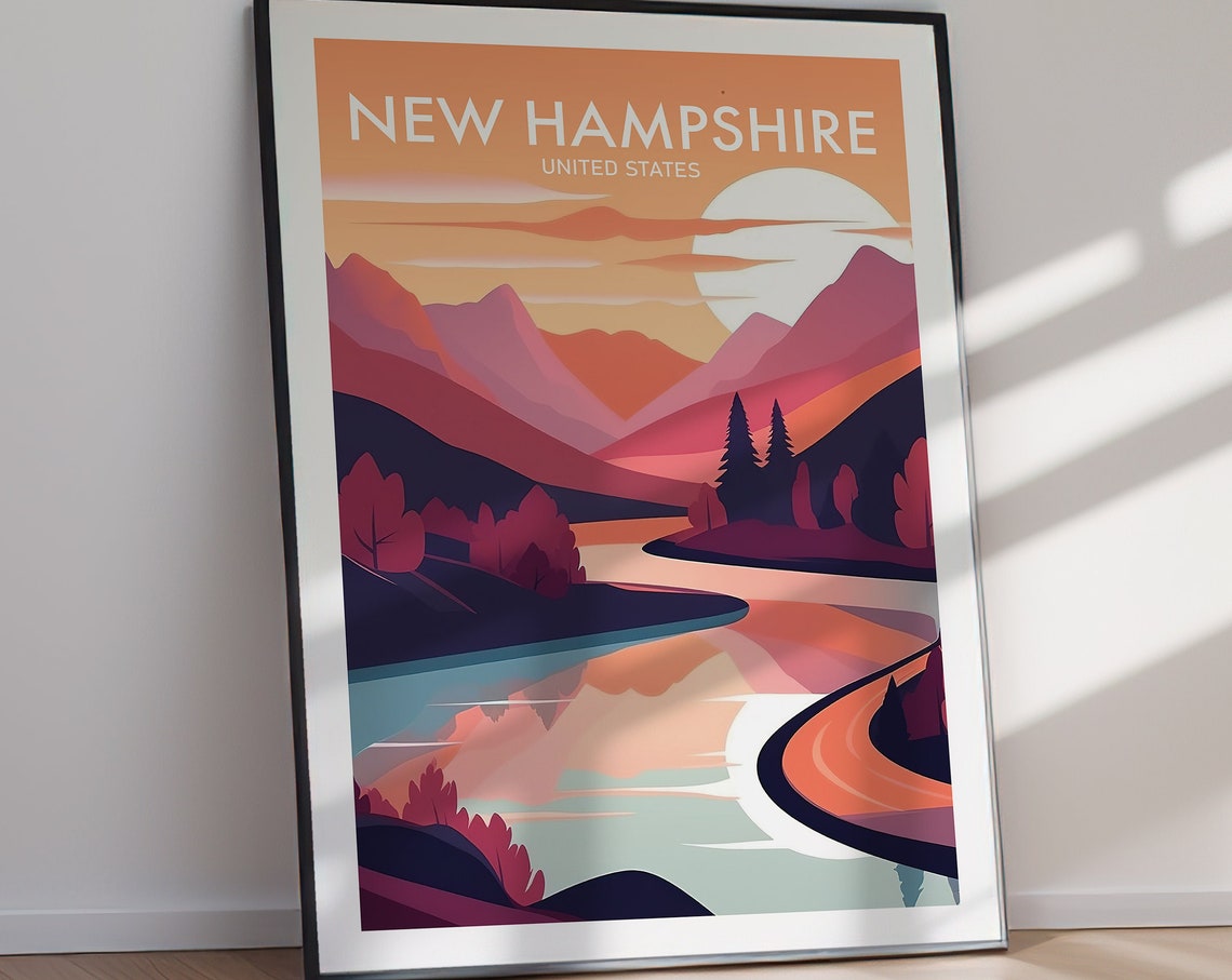 New Hampshire Pink Mountain Sunset River Retro Travel Poster - Image 2
