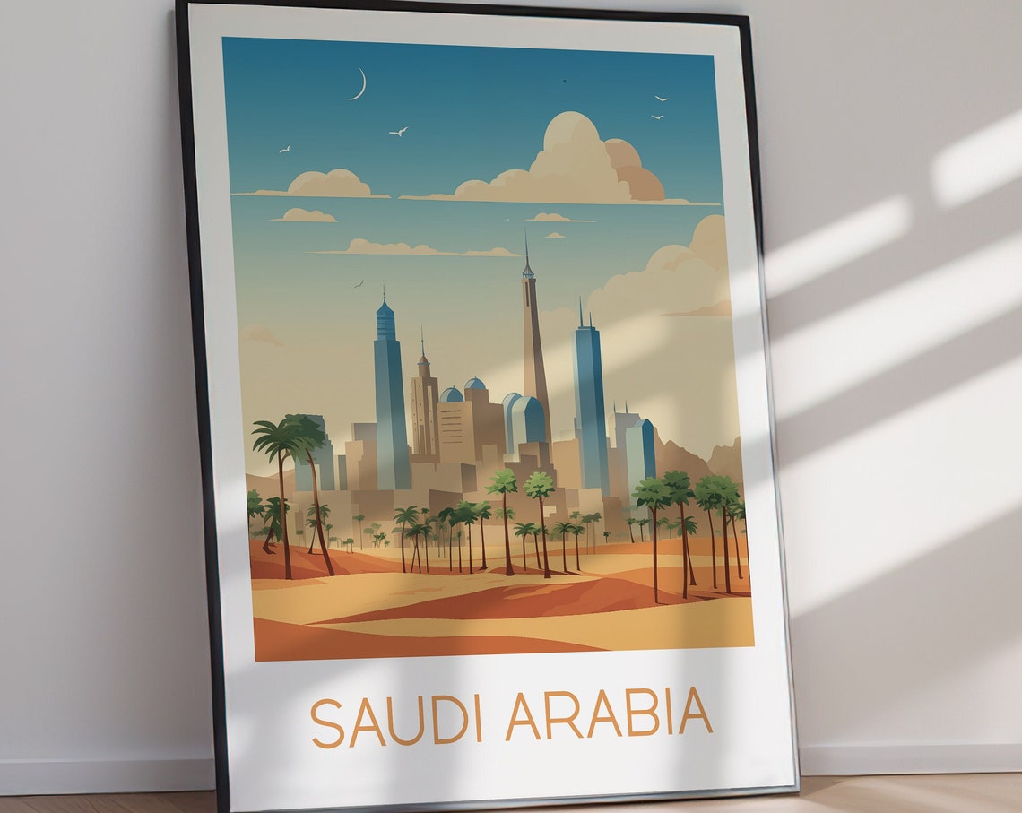 Saudi Arabia Desert City Skyline Palm Trees Retro Travel Poster - Image 2