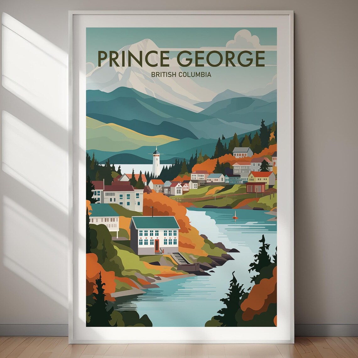 Prince George British Columbia Riverside Town Mountains Poster