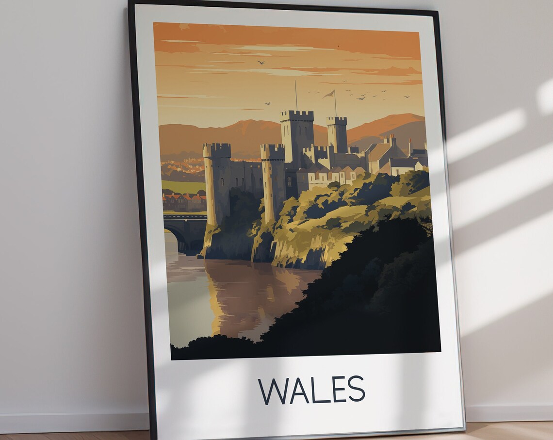 Wales Castle River Sunset Medieval Golden Hour Vintage Travel Poster - Image 2