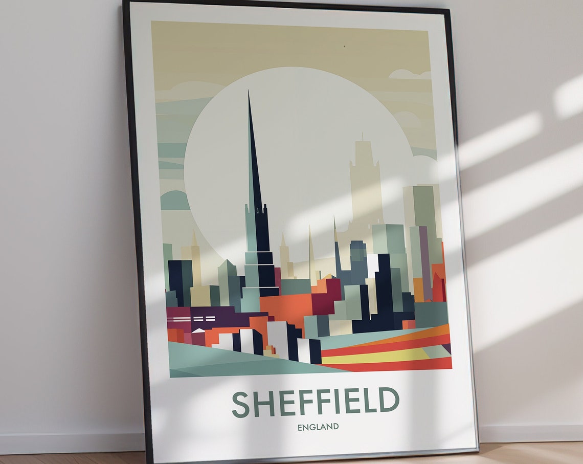 Sheffield England Minimalist Sunset Skyline Spire Travel Poster - Image 3